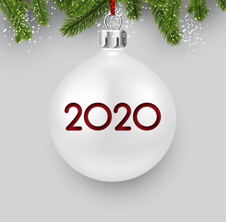 White 2020 New Year background with fir branches and 3d Christmas ball. Christmas greeting card or poster template. Vector illustration.のイラスト素材