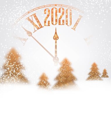 Happy New Year 2020 shiny poster with orange clock and fir trees. Vector background.のイラスト素材