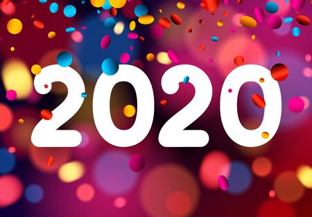 Happy New Year 2020 card with shiny colorful confetti and white text. Vector bokeh background.
