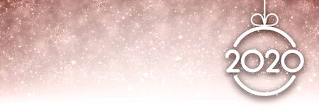 Rose 2020 New Year banner with snow and white paper Christmas ball. Vector background.