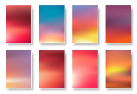 Illustration of colorful sunset and sunrise paper cards. Blurred modern gradient mesh background. Vector set. 
のイラスト素材