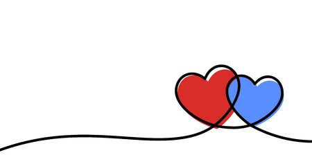 Valentines card with line art drawing of two simple hearts sign with shadow. Vector illustration. のイラスト素材