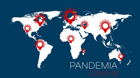 Vector white world map contour with red virus map pointers and Pandemia sign on blue background.