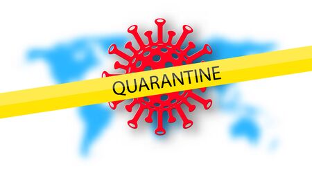 quarantine sign on yellow tape. Red covid-19 image on blurred world blue map background.のイラスト素材