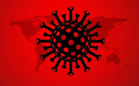 Vector illustration of big flat black covid-19 icon on world halftone red map background.のイラスト素材