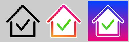 Set of stay home icons with house frame and check mark inside. Black icon on light grey background. Orange and purple gradient color icon with green check mark on light grey background. Blue and purple gradient color icon with green check mark on the same background. Vector illustration.のイラスト素材