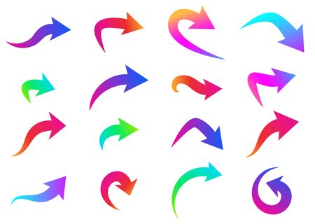 Set of thick curved and rounded isolated arrows on white background. Blue, pink, purple, orange, red, green gradient colors. Vector design element.