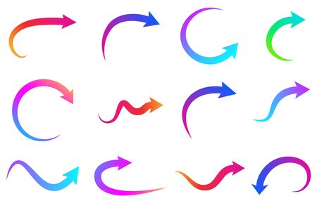 Set of curved and rounded isolated arrows on white background. Blue, pink, purple, orange, red, green gradient colors. Vector design element.のイラスト素材