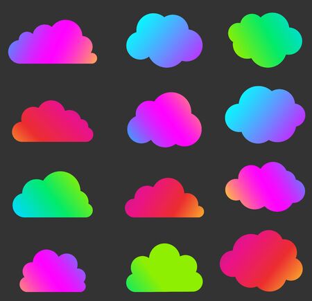Set of isolated bright multicolored gradient clouds on black background. Silhouettes of different shapes. Vector illustration.のイラスト素材