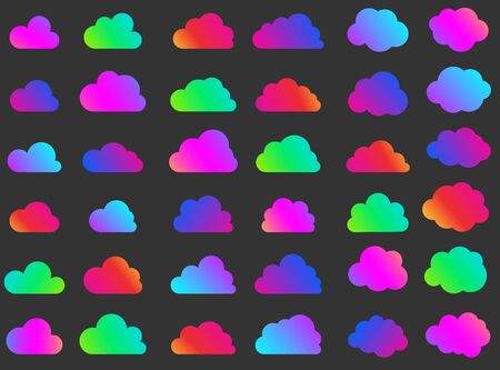 Set of isolated bright multicolored gradient clouds on black background. Silhouettes of different shapes. Clouds partly cut and full clouds. Vector illustration.のイラスト素材