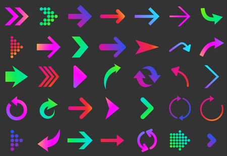 Set of isolated multicolored gradient arrows on black background. Straight, curved, rounded and dotted arrows. Vector illustration.のイラスト素材