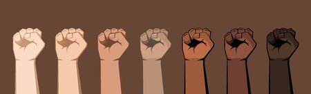 Set of seven raised fists of different shades. Skin of different colors, dark background. Vector illustration.のイラスト素材
