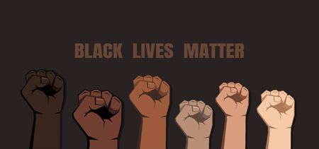 Six clenched fists of various shades raised in different height. Skin of different colors. Black lives matter sign on dark background. Vector illustration.のイラスト素材