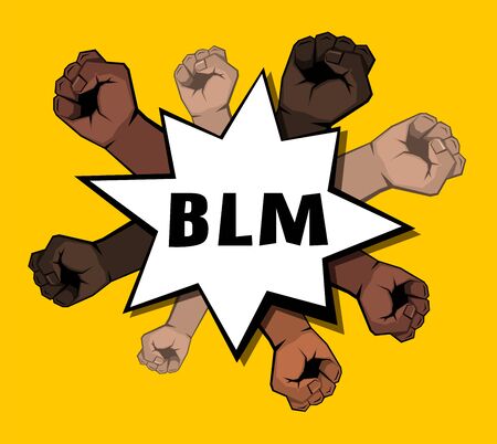 Clenched fists and text on yellow background. BML sign in white star shape space for text. Pop art style. Vector illustration.のイラスト素材