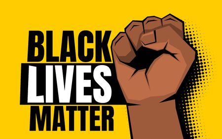 Raised clenched fist with black lives matter sign. Dark brown hand with dotted shadow on yellow background. Pop art style. Vector illustration.のイラスト素材