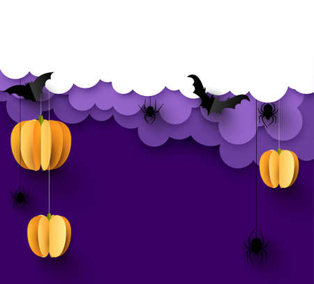 Orange 3d paper pumpkins hanging on threads. Black paper bats and spiders. White and light violet clouds. Dark violet background. Vector festive illustration.のイラスト素材