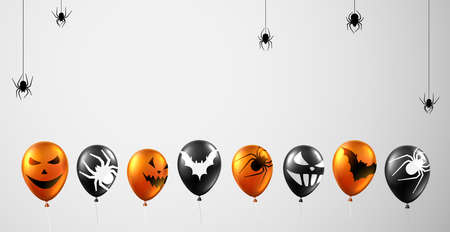 Orange and black balloons with scary faces, bats and spiders. Black hanging spiders. Light gray background. Vector halloween illustration.のイラスト素材