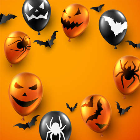 Orange and black balloons with scary faces, spiders and bats. Black paper bats. Orange background. Empty space in the center. Vector halloween illustration.のイラスト素材