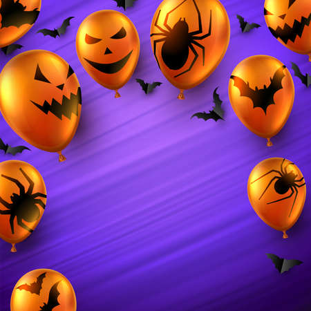 Orange 3d balloons with scary faces, bats and spiders. Black paper bats. Violet Turquoise brushstrokes background. Some space for your text. Vector halloween illustration.のイラスト素材
