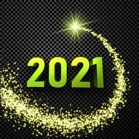 3d 2021 sign with green shiny starry path on transparent background. Vector holiday illustration.のイラスト素材