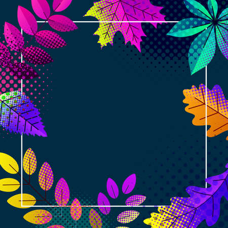 Autumn halftone dotted leaves on dark blue background. Pink, orange, yellow, lilac, violet, turquoise. Vector illustration.のイラスト素材