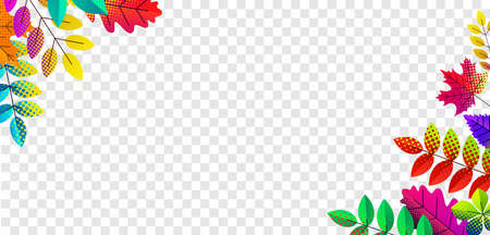 Multicolored oak and rowan dotted leaves corner frame. Red, yellow, brown, orange, violet, blue, turquoise, green foliage. Transparent background. Vector illustration.のイラスト素材