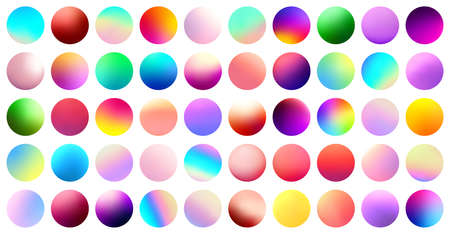 Set of bright multicolored fluid gradient circles on white background. Round neon holographic sphere buttons. Trendy colors. Vector illustration.のイラスト素材