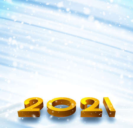 Orange 3d 2021 sign lying on snowdrift. Blue brushstrokes background. Vector festive illustration.のイラスト素材