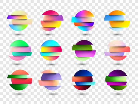 Set of multicolored fluid gradient circles on transparent background. Round neon holographic glitch sphere buttons with shadow. Trendy colors. Vector illustration.のイラスト素材