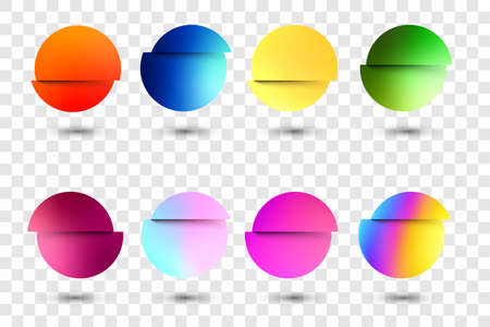 Set of multicolored fluid gradient circles on transparent background. Round neon holographic glitch sphere buttons with shadow. Trendy colors. Vector illustration.のイラスト素材