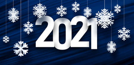 2021 sign with white hanging paper snowflakes on dark blue brushstrokes background. Vector holiday...