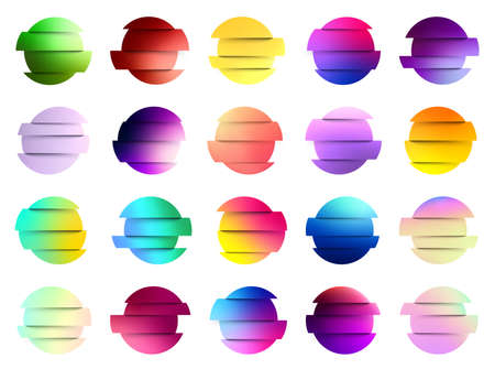 Set of multicolored fluid gradient circles on white background. Round neon holographic glitch sphere buttons. Trendy colors. Vector illustration.のイラスト素材