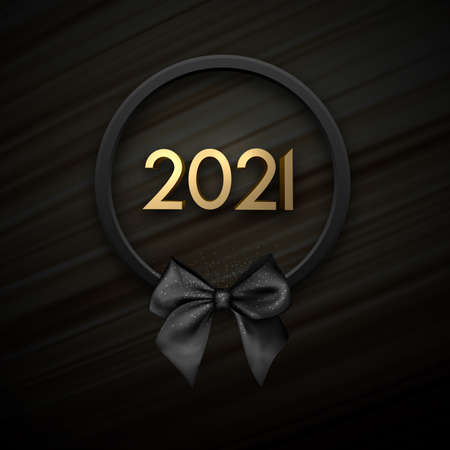 Golden 2021 sign in black wreath with bow on black flowing silk background. Vector holiday illustration.のイラスト素材