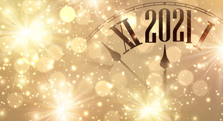 Clock hands showing few minutes to 2021 year. Creative clock on gold sparkling background with lights and fireworks. Vector holiday illustration.