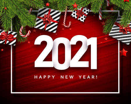 Creative christmas frame on red brushstrokes background. Black and white present boxes with beautiful red bows. Spruce branches, red stars confetti, red and white candy canes. Vector holiday illustration.のイラスト素材