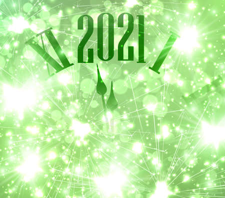 Top part of clocks showing 2021 year. Green background with shiny sparkles and fireworks. Vector holiday illustration.のイラスト素材