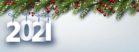 2021 paper sign hanging on ribbons on light gray background. Spruce branches with red berries. Vector holiday illustration.のイラスト素材