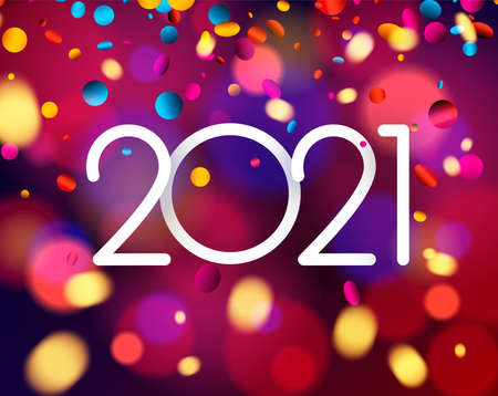 2021 sign on blurred blue and violet background. Multicolored round and oval confetti. Vector holiday illustration.のイラスト素材