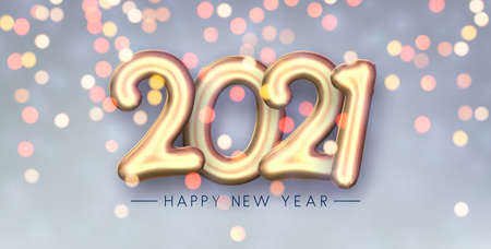 Golden foil balloon 2021 sign on blurred dark background with bright lights. Happy new year sign....