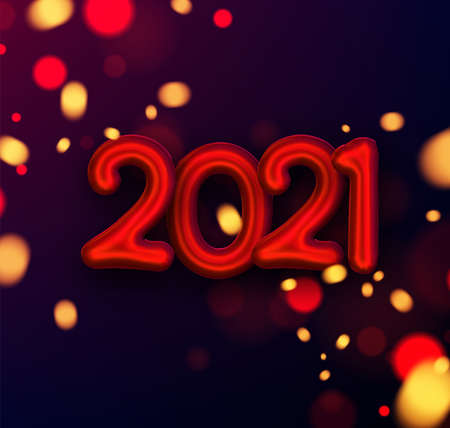 Red foil balloon 2021 sign with blurred red and yellow lights on dark background. Vector holiday illustration.のイラスト素材