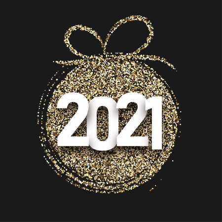 Golden shiny confetti christmas tree toy silhouette. White 2021 sign. Black background. Vector holiday illustration.のイラスト素材
