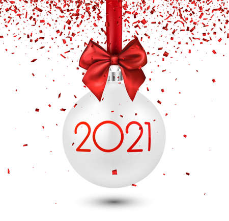 White 3d christmas tree toy with red 2021 sign hanging on red ribbon with bow. White background and red brilliant confetti. Vector holiday illustration.のイラスト素材