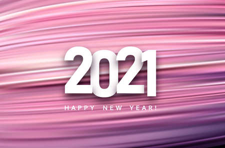 2021 paper sign over pink gradient brush strokes background. Happy new year sign under it. Vector holiday illustration.のイラスト素材