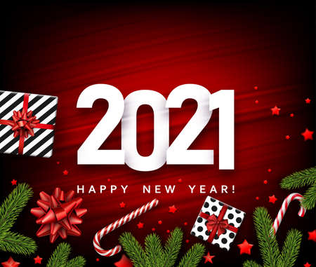 2021 sign on red christmas background. Black and white present boxes with beautiful red bows. Spruce...