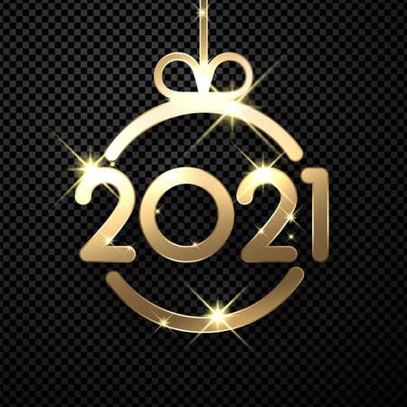 Sparkling gold christmas tree toy with 2021 sign hanging on ribbon. Transparent background. Vector...