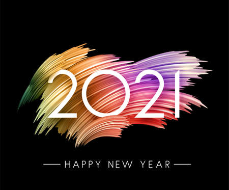 2021 white sign over gradient brush strokes. Orange, green, violet, red gradient brush strokes. Happy new year sign under it. Dark background. Vector holiday illustration.のイラスト素材