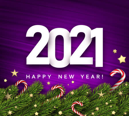 2021 sign on violet brushstrokes background. Spruce branches, golden stars confetti, red and white candy canes. Happy new year sign. Vector holiday illustration.のイラスト素材