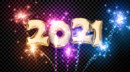 Golden foil 2021 balloon sign with shiny multicolored fireworks on transparent background. Vector holiday illustration.のイラスト素材
