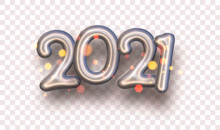 Bronze foil balloon 2021 sign with shadow and shiny lights on transparent background. Vector holiday illustration.のイラスト素材