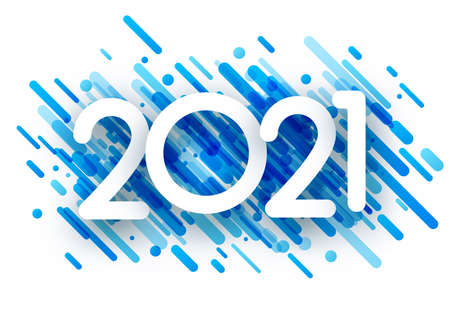2021 paper sign over blue striped confetti. Vector holiday illustration.のイラスト素材
